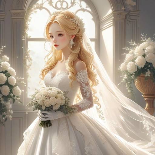 Elegant Anime Bride in Romantic Setting