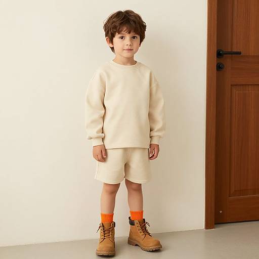 Boy in Beige Outfit with Boots