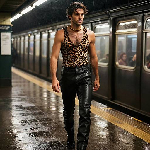 Photograph of a muscular man with wet, dark hair, wearing a leopard print tank top and black leather pants, walking on a rainy subway platform.
