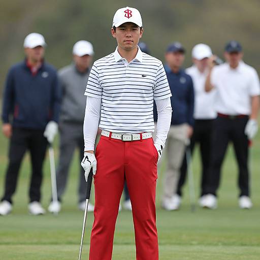 Photograph of a young male golfer in a white cap, striped shirt, and red pants, standing on a golf course, with blurred cadd