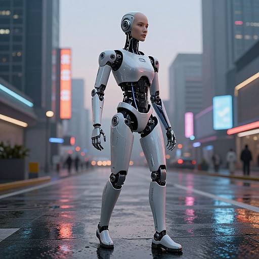 CGI image of a sleek, white female humanoid robot with black joints, standing on a rain-slicked city street at dusk. Neon lights illuminate