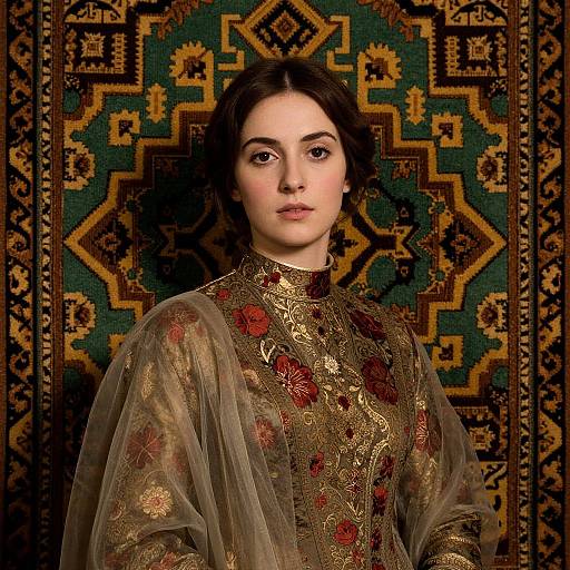 Photograph of a young woman with fair skin and dark hair, wearing an ornate, gold and red embroidered robe with sheer sleeves, standing against a