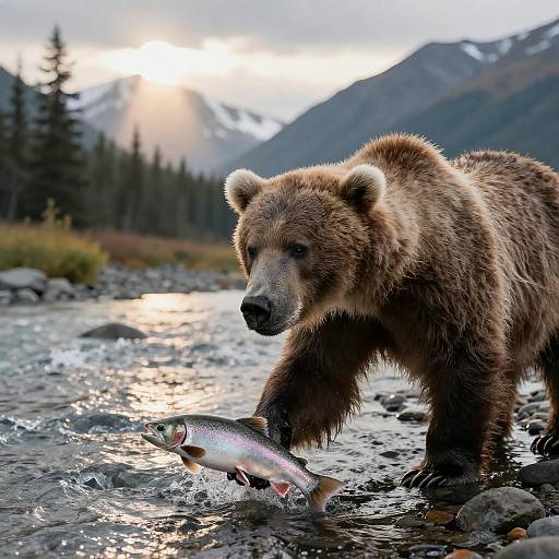 Brown Bear Catching Salmon at Sunrise