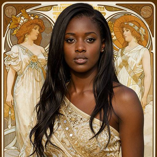 Photograph of a dark-skinned woman with long black hair, wearing a gold, patterned one-shoulder dress, set against an Art Nou