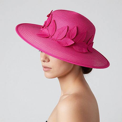 Photograph of an Asian woman in profile, wearing a bright pink, textured wide-brimmed hat with large floral bow, against a plain white background