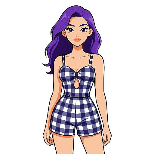 Woman in Navy Gingham Romper