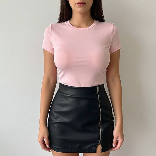 Photograph of an Asian woman with long black hair, wearing a light pink t-shirt and black leather skirt with a zipper detail, standing against a plain