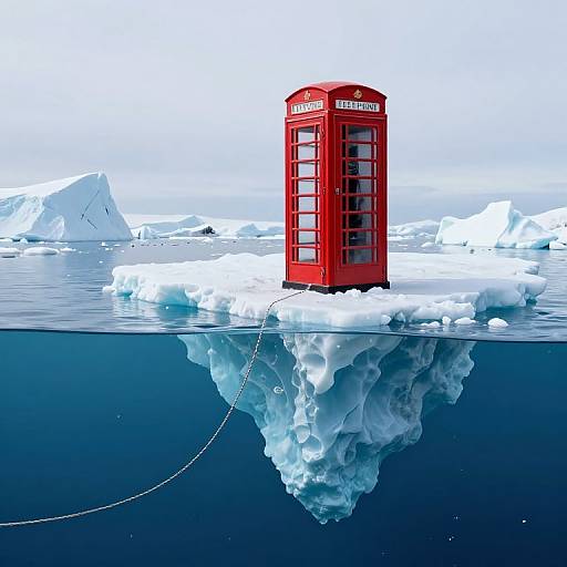 Photograph of a red British telephone booth floating on ice and water, with an iceberg below, tethered by a rope.