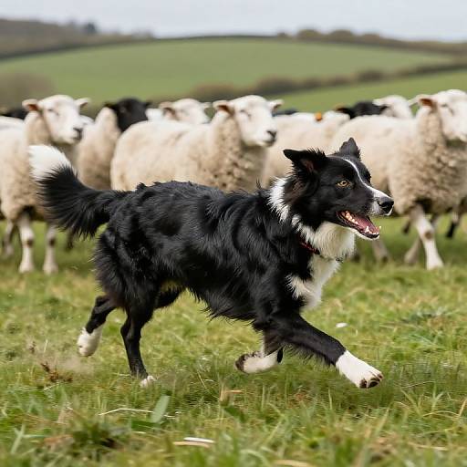 Photograph of a black and white Border Collie running through a grassy field, chasing a flock of white sheep with black faces.