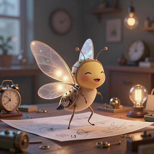 Gleaming Mechanical Firefly in Workshop