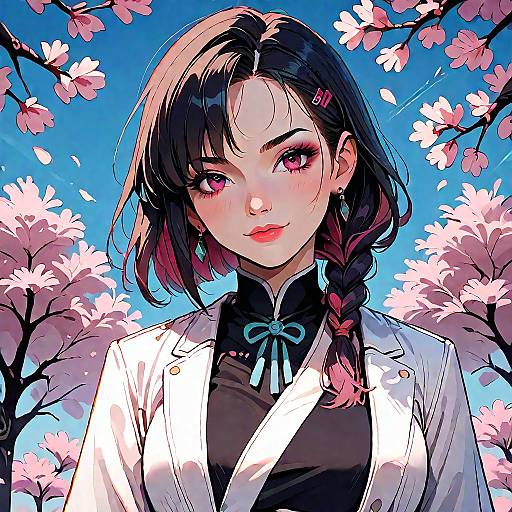 Anime Girl in Kimono Under Cherry Blossoms
