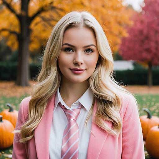 Young Blonde Woman in Pink Jacket with Autumn Background