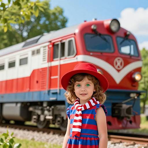 Photograph of a curly-haired girl in a red hat and striped dress, standing in front of a bright red and white train on a sunny day.