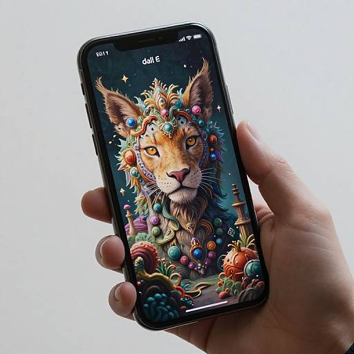 Photograph of a hand holding a smartphone displaying a digital art of an ornate, crowned lion with colorful jewels and objects, against a dark, star
