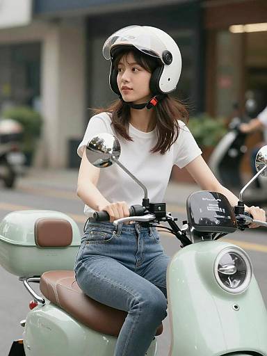 Young Woman Riding Mint Green Scooter