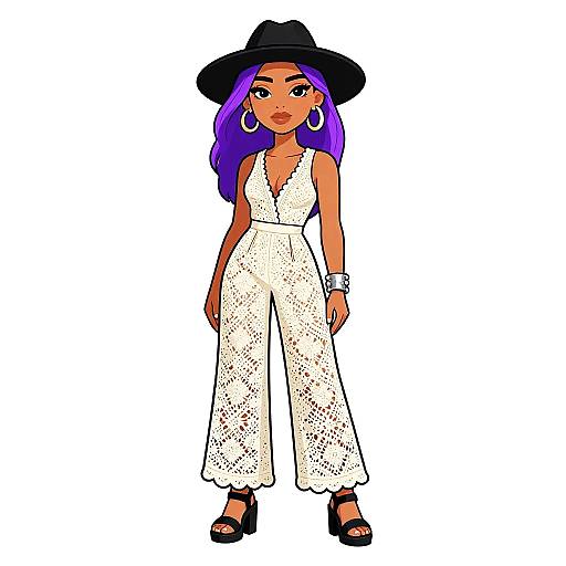 Digital illustration of a young woman with purple hair, wearing a black hat, white lace jumpsuit, black high heels, and large silver earrings, standing