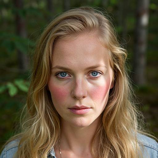 Photograph of a young woman with fair skin, blue eyes, and long blonde hair, standing in a forest. She has pink cheeks and wears a