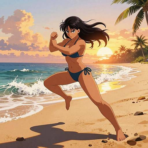 Anime-style drawing of a fit, dark-haired woman in a navy blue bikini, running on a tropical beach at sunset, palm trees and waves in the