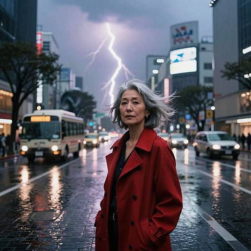 Photograph of a silver-haired woman in a red coat standing on a rain-soaked city street, with a bright lightning bolt striking behind her, illumin
