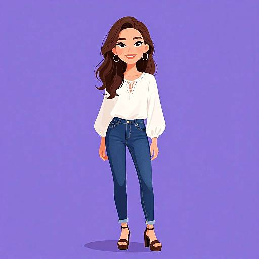 Digital illustration of a smiling woman with long brown hair, wearing a white blouse, blue jeans, and black heels, against a purple background.