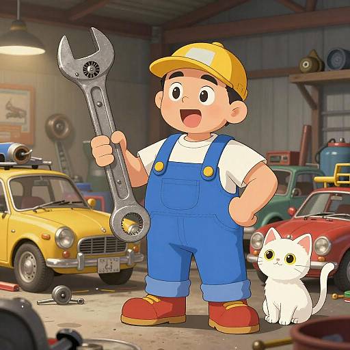 Whimsical Mechanic in a Colorful Garage