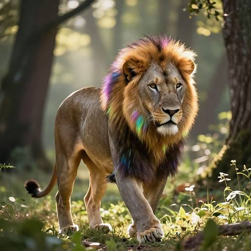 Photograph of a majestic male lion with a colorful, multi-hued mane walking through a sunlit forest, casting dappled shadows on the grass