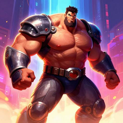 Digital artwork of a muscular, shirtless, dark-haired man with black armor and pants, standing in a neon-lit cityscape, fists clenched
