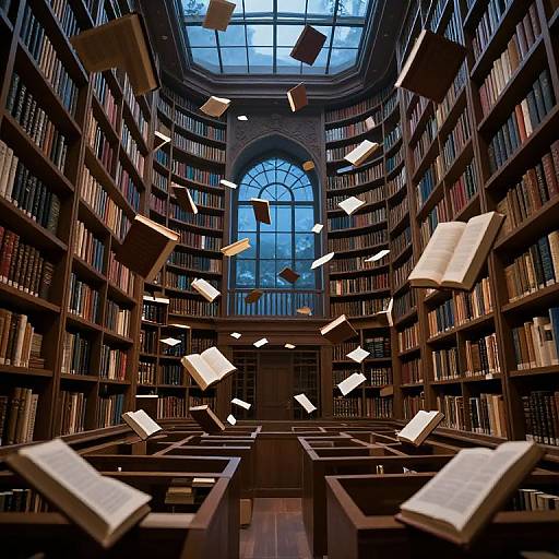 Photograph of a grand library with floating books, wooden shelves filled with books, and a large arched window under a skylight.