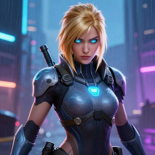 CGI image of a blonde, blue-eyed woman in futuristic black armor with glowing blue chest emblem, standing in a rainy, neon-lit city street