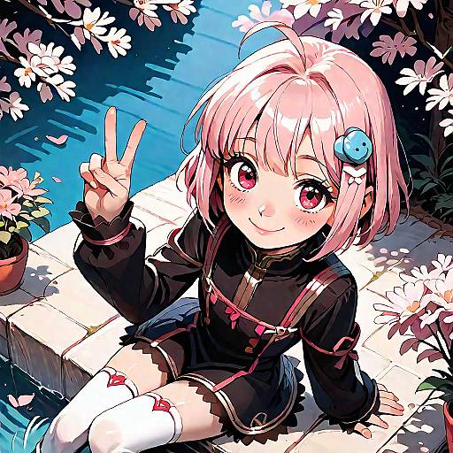 Anime Girl with Pink Hair Under Sakura Tree