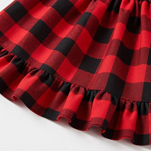 Close-up photograph of a red and black plaid fabric skirt with a ruffled hem, showcasing the texture and pattern.
