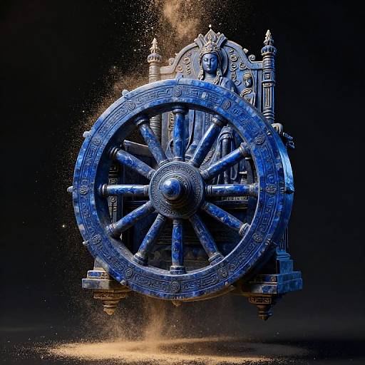 Photorealistic digital artwork of an ornate, blue, ancient-style chariot wheel with intricate carvings, surrounded by dust, against a dark