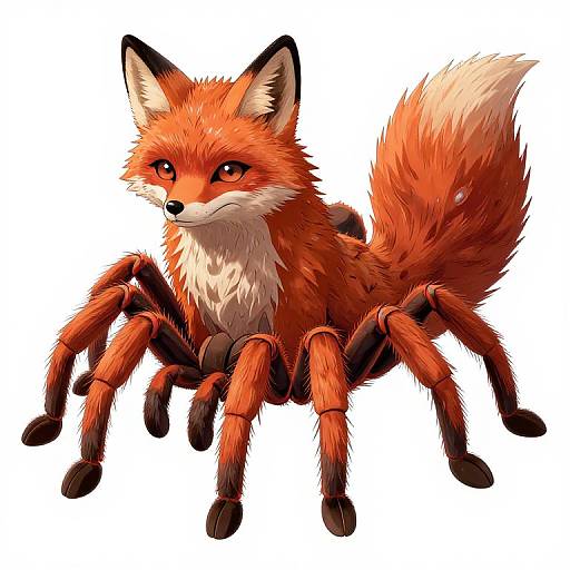 Digital illustration of a red fox with spider legs, combining fox head and body with arachnid limbs, on a white background.