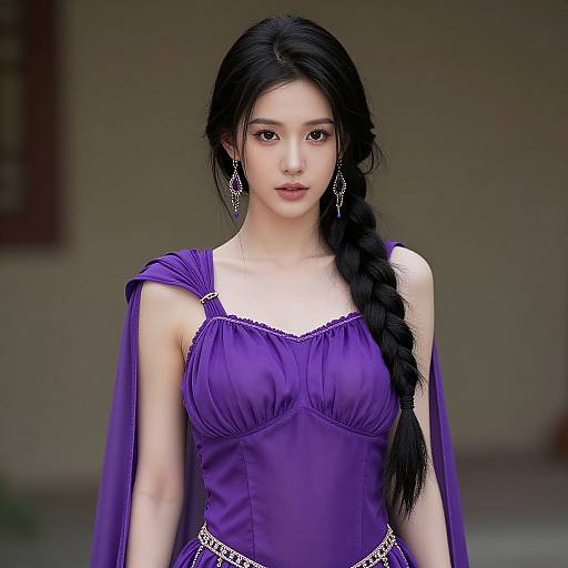 Photorealistic digital artwork of a beautiful Asian woman with long black hair in a braid, wearing a purple, off-shoulder dress with silver
