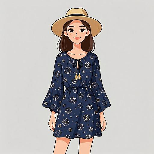 Bohemian Woman in Navy Floral Dress