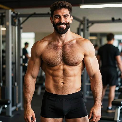 Photograph of a muscular, bearded man with dark hair, smiling, wearing black boxer briefs, standing in a gym with blurred equipment and another