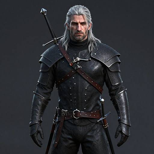 CGI image of a stern, muscular, silver-haired man in black medieval armor with a sword sheathed on his back. Dark background.