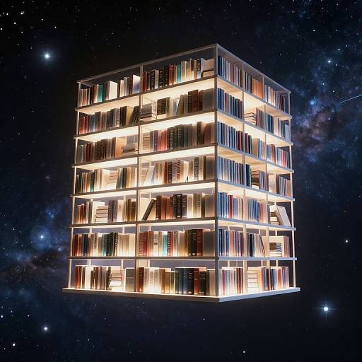 Luminous Floating Bookshelf in Cosmos