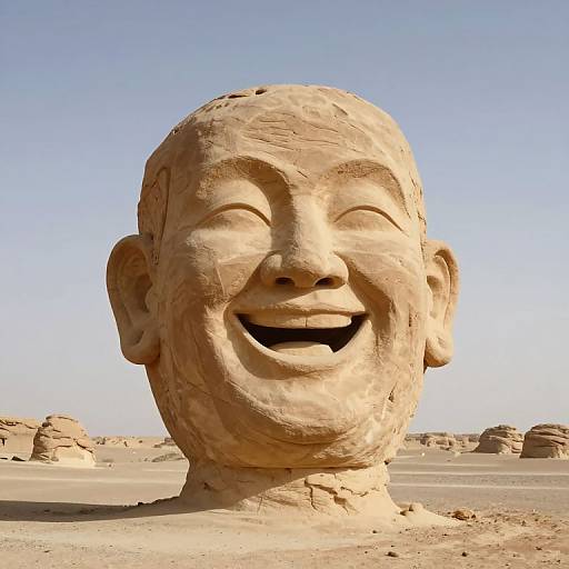 Photograph of a large, smiling stone sculpture with a bald head, large ears, and open mouth, set in a desert landscape under a clear blue
