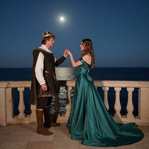 Photograph of a medieval prince in black attire and gold crown, holding hands with a princess in teal gown, under a moonlit sea sky, standing