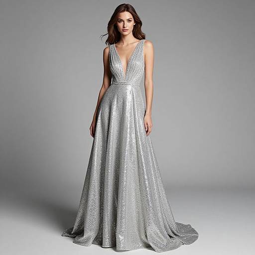 Photograph of a brunette woman in a shimmering silver, deep V-neck, floor-length gown with a flowing skirt, standing against a plain gray background