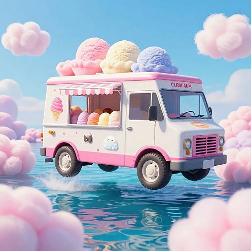 Whimsical digital illustration of a white and pink ice cream truck with colorful ice cream scoops on top, floating on a reflective blue water surface surrounded