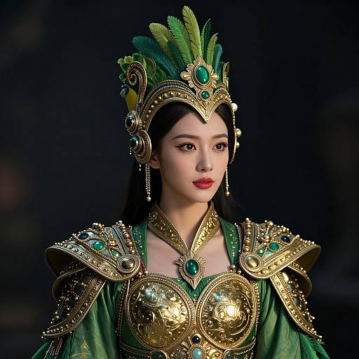 Digital portrait of an Asian woman in elaborate, green and gold, ancient warrior attire with emerald feathers and jewels, against a dark background.
