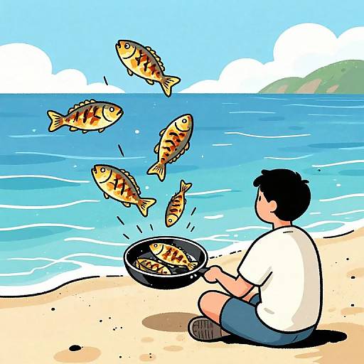Cartoon drawing of a man in white shirt and blue shorts, sitting on beach, releasing striped fish from frying pan into blue ocean.