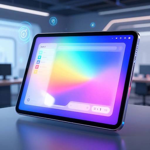Photograph of a modern tablet with a colorful gradient screen, leaning on a table in a blurred, futuristic office. WiFi icons hover above the screen.