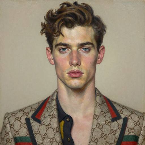 Digital portrait of a young, handsome man with wavy brown hair, blue eyes, and fair skin, wearing a Gucci-patterned blazer with