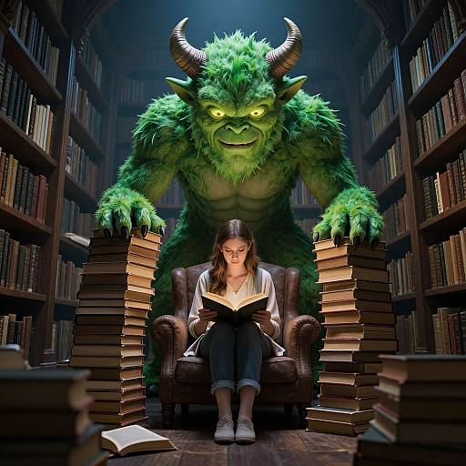 Digital artwork of a green, horned monster looming over a focused young woman reading in a library, surrounded by towering stacks of books.