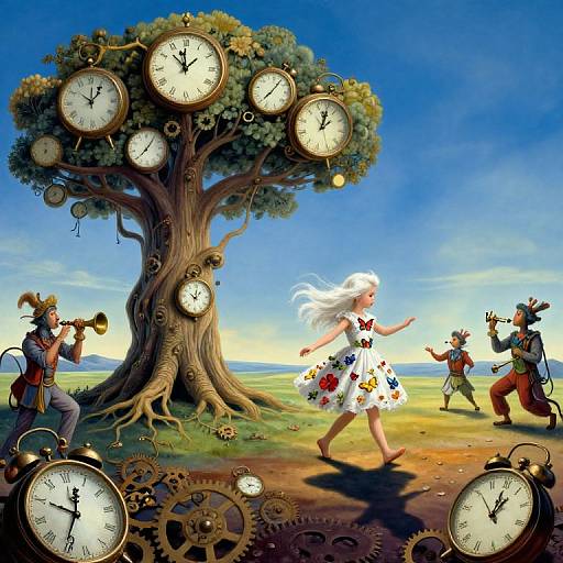 Fantasy artwork: A white-haired girl in a floral dress runs from three clock-wearing, instrument-playing characters towards a giant clock tree under a blue