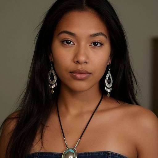 Photograph of a young woman with long black hair, wearing dangling silver earrings, a black necklace with a turquoise pendant, and a strapless blue top