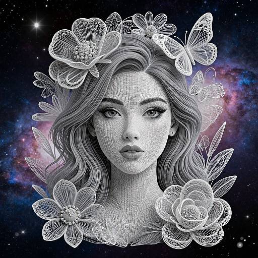 Digital illustration of a serene woman with wavy hair, adorned with intricate white flowers and butterflies, set against a cosmic night sky. Monochromatic with